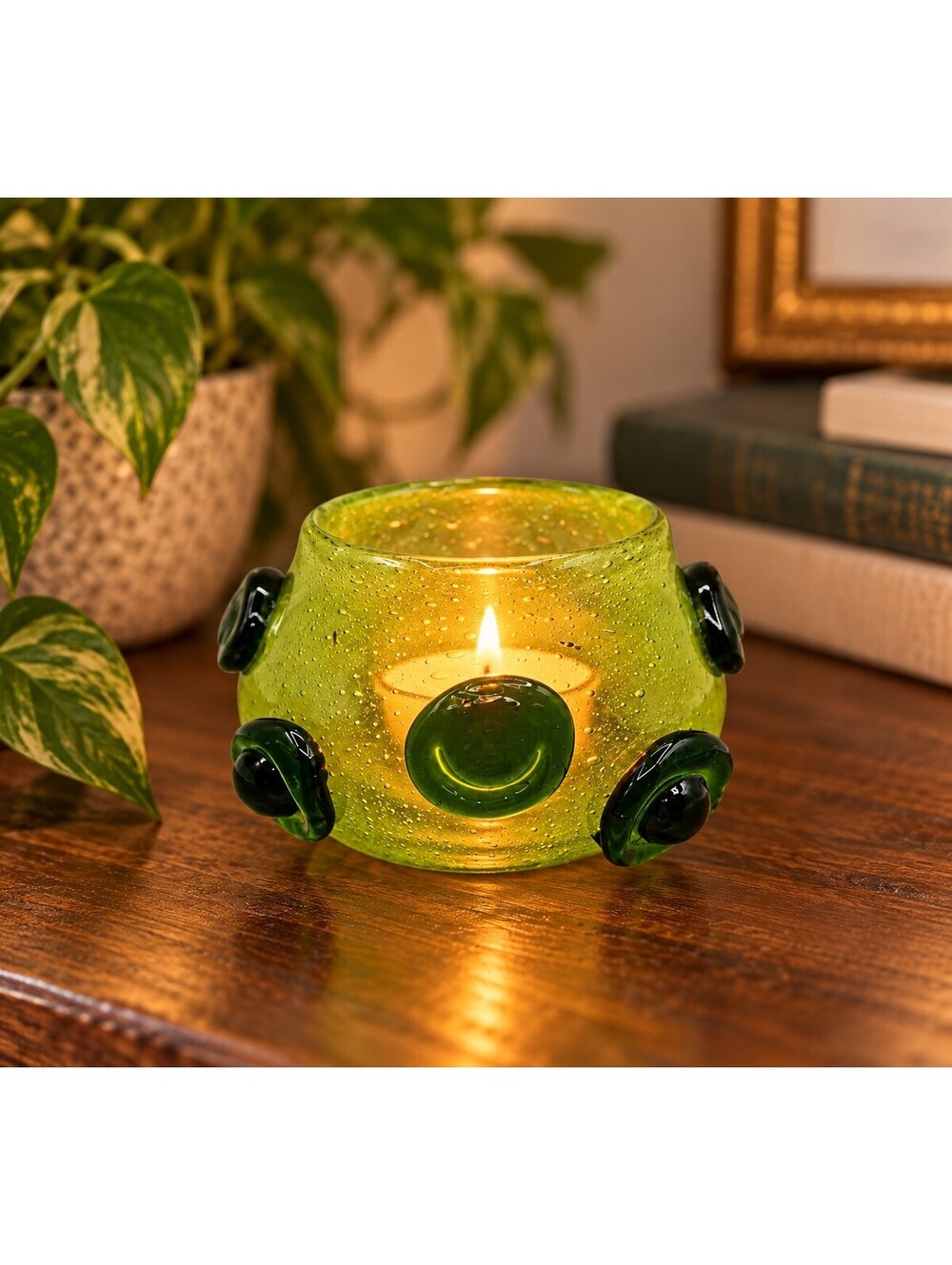 Anthropologie Hand Blown Green Glass Votive Candle Holder Mexico Applied Discs